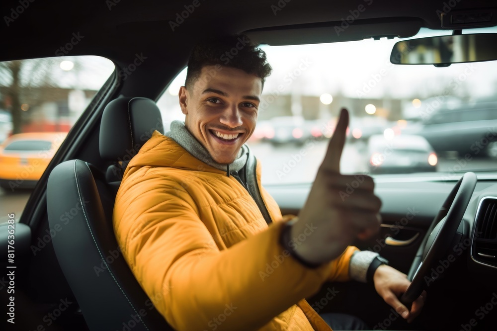 I just bought a new car! Young happy man sitting in a car and showing his car key while looking at camera I just bought a new car! Young happy man sitting in a car and showing his car key while looking at camera