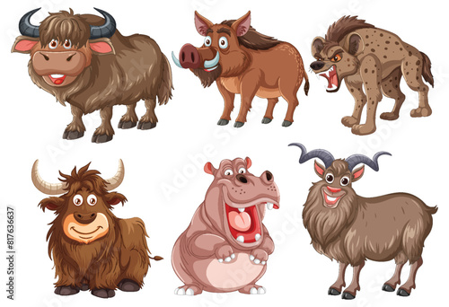 Six animated farm animals in various playful poses