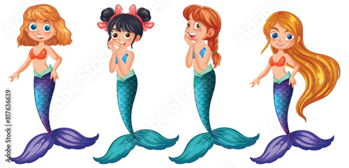 Four adorable mermaids with colorful tails