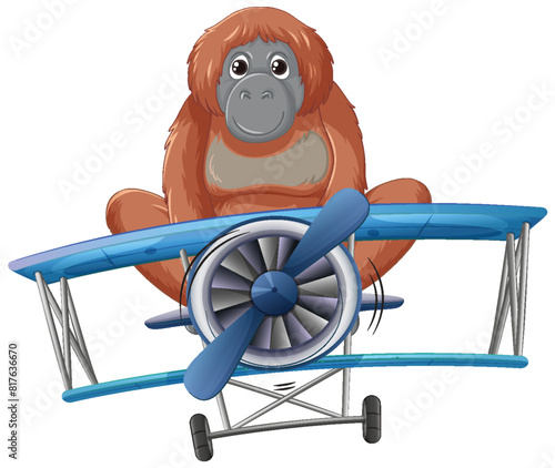 Cartoon orangutan flying a small blue biplane