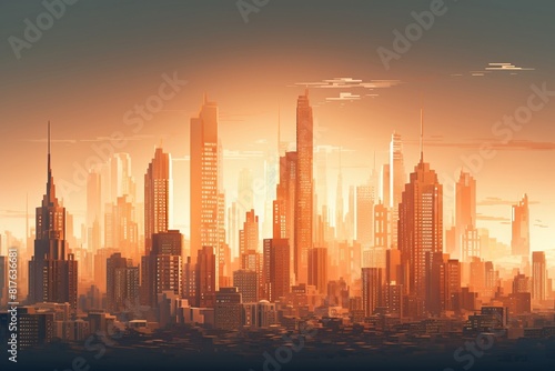 Handdrafted illustrative city skyline  intricate details  soft dusk light  wide angle 