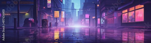 Retro 80s neon street, scifi cinema vibe, rainsoaked pavement, ground level angle photo