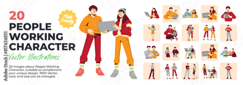 People Working Character. Great Bundle. Collection scenes of people, character, teamwork, businessman working concept. Vector Illustration