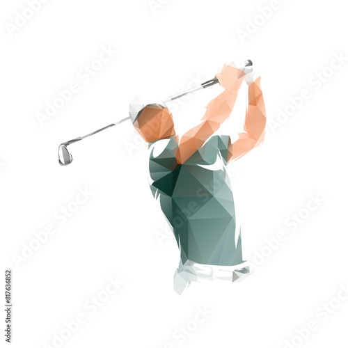 Golf player, geometric low poly isolated vector illustration, golf swing - front view