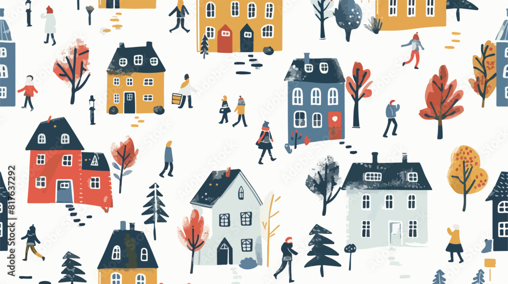 Seamless pattern with residential houses or village c