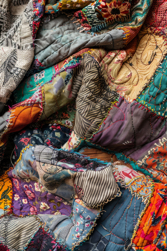 Closeup view of a patchwork quilt, with different fabrics and stitching patterns contributing to the textured design.  © grey