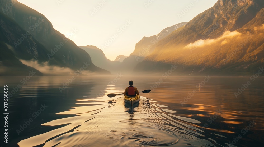 Kayaking in a River Surrounded by Towering Mountains at Golden Hour Kayaking in a River Surrounded by Towering Mountains at Golden Hour