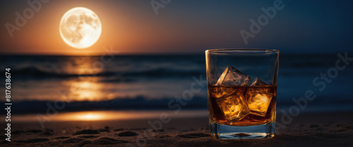 Glass of whiskey with ice on a sandy beach at night with full moon and copy space