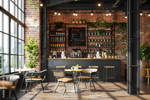 Cozy cafe interior with modern rustic decor