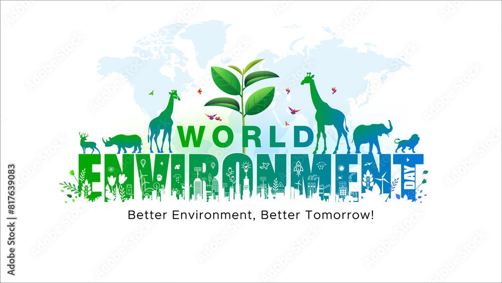 Fototapeta premium Background of World Environment Day. Tree plant animals with eco environment and typography.
