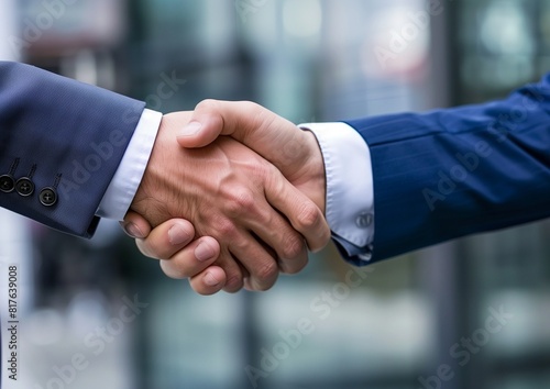 Close-up Business Handshake in Front of Modern Office Building.
