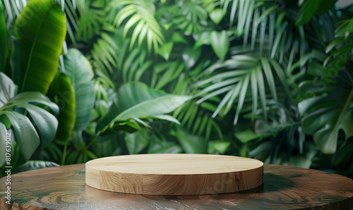 The cosmetic product advertising shelf concept has a natural background rich in tropical plants. Empty round wooden table for displaying products or various model products.