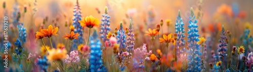 Colorful fields of wildflowers in the soft morning light