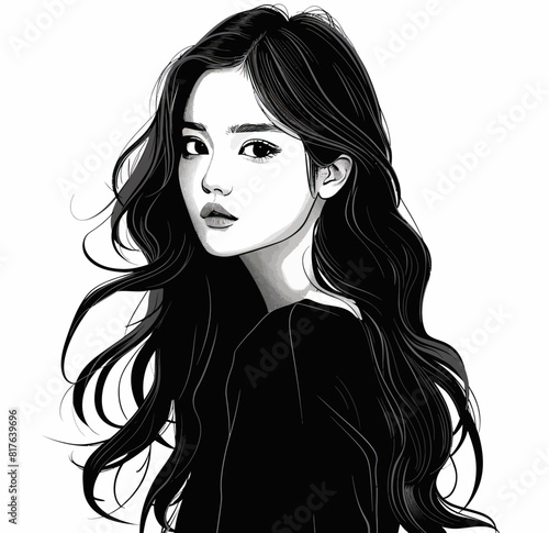 a black and white drawing of a woman with long hair