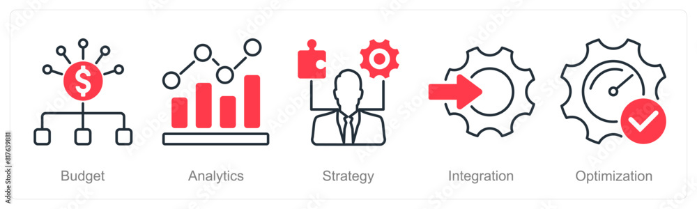 A set of 5 Project Management icons as budget, analytics, strategy A set of 5 Project Management icons as budget, analytics, strategy