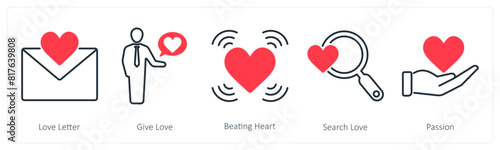 A set of 5 Love and Romance icons as love letter, give love, beating heart