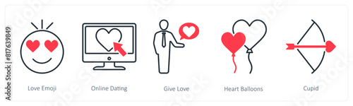 A set of 5 Love and Romance icons as love emoji, online dating, give love