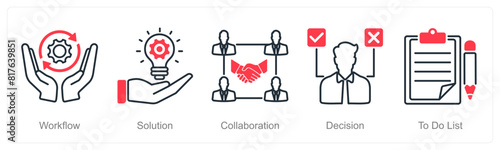 A set of 5 Project Management icons as workflow, solution, collaboration