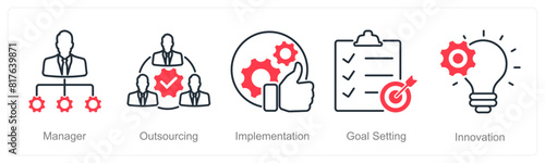 A set of 5 Project Management icons as manager, outsourcing, implementation
