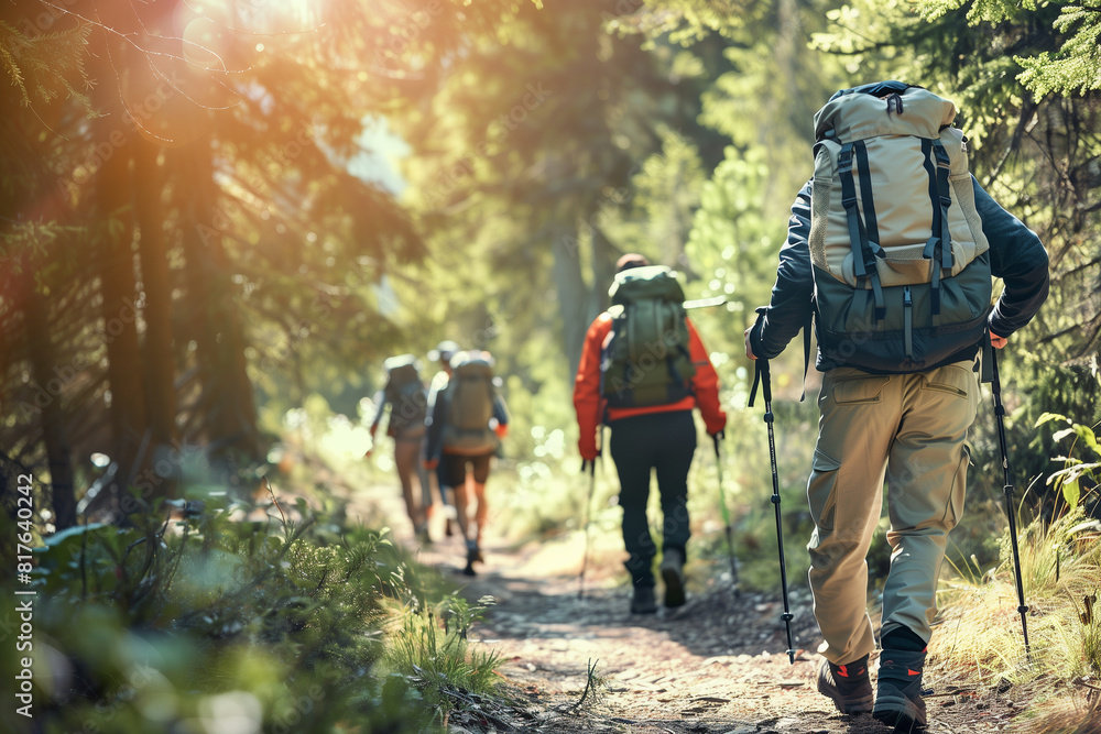 Fototapeta premium rugged beauty of a forest trail, a commercial photo features hikers trekking through scenic landscapes, their backpacks and hiking poles signaling their adventurous spirit. With da