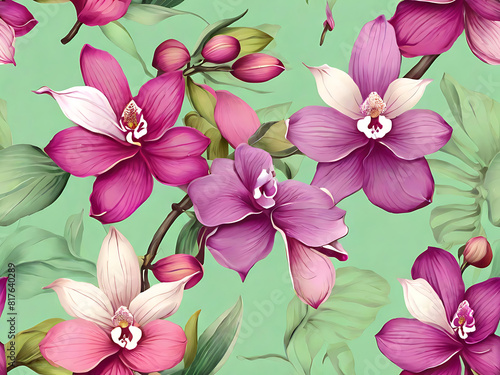 Watercolor painting of a bouquet of purple orchids and green leaves lined up beautifully and naturally. Orchid flowers of various sizes on a green background.