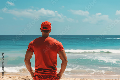 back view of muscular lifeguard in red t-shirt