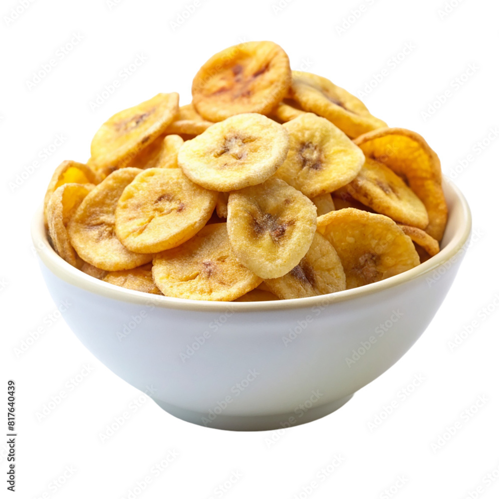 A bowl of banana chips and sliced bananas isolated on transparent background A bowl of banana chips and sliced bananas isolated on transparent background