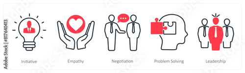 A set of 5 Soft Skills icons as initiative, empathy, negotiation