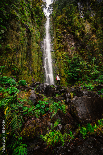 Magical misty green forest with waterfalls do Folhadal in Levada do Norte, Madeira island, Portugal.