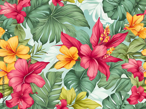 Vibrant and eye-catching seamless watercolor patterns of tropical flowers and foliage bursting with colors such as fuchsia  orange and yellow add to the atmosphere. Tropical style