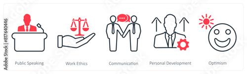 A set of 5 Soft Skills icons as public speaking, work ethics, communication