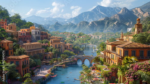 A charming traditional town built around a central plaza, with colorful houses, arched walkways, and outdoor dining areas overlooking a river and mountains. photo