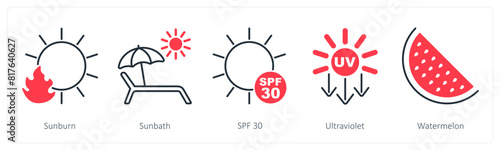 A set of 5 Sun Protection icons as sunburn, sunbath, spf 30