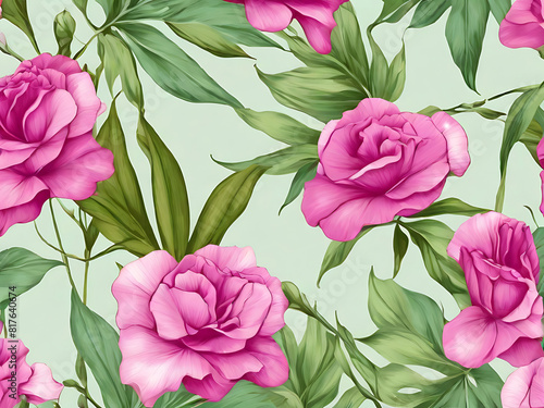Watercolor painting of pink roses and green leaves shows a seamless pattern on a white background.
