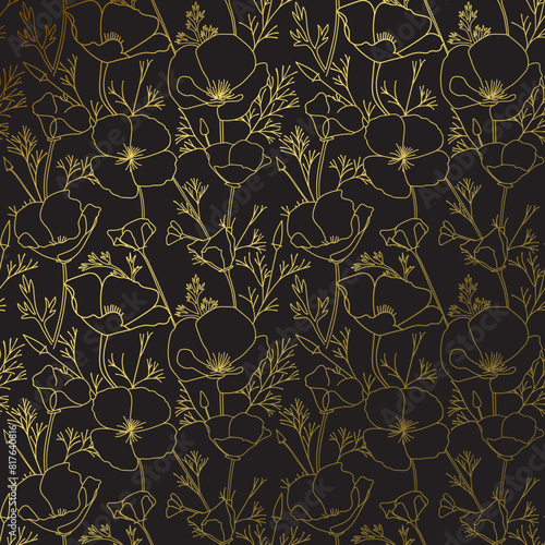 black background with golden gradient on Eschscholzia flowers. California poppy - vector