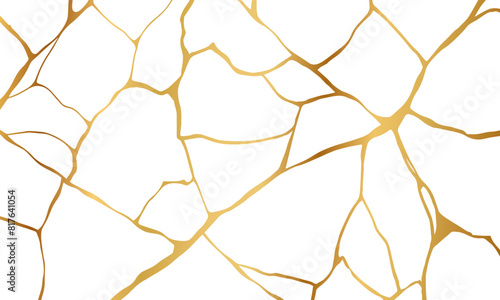 Gold kintsugi crack repair marble texture vector illustration isolated on white background. Broken foil marble pattern with golden dry cracks. Wedding card, cover or pattern Japanese motif background.