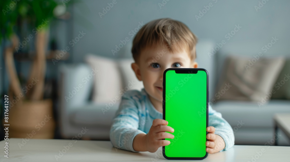 Portrait of little boy holding phone with green screen at home Portrait of little boy holding phone with green screen at home