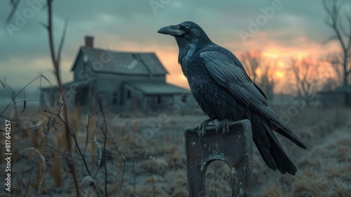 A crow perched on a spade, overlooking a desolate farm as twilight embraces decay