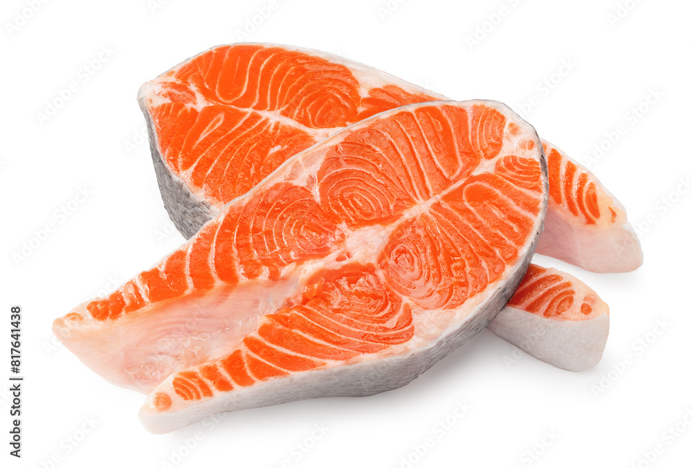 slices of raw fish, salmon, trout, steak, isolated on white background, clipping path