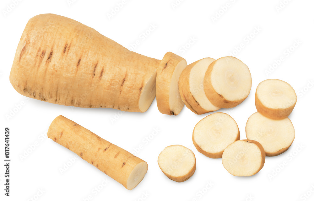 sliced parsnip root isolated on white background. clipping path