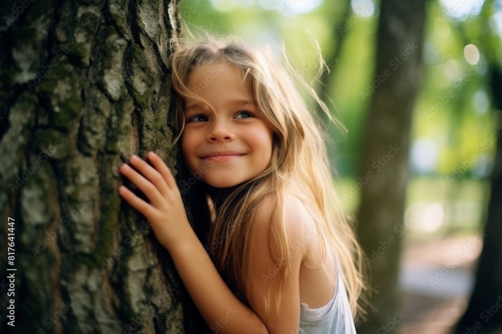 Low angle view of smiling girl embracing tree in the park Low angle view of smiling girl embracing tree in the park