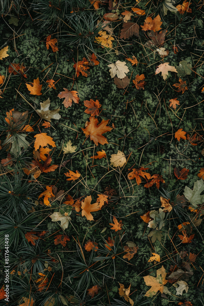 An overhead view of a forest floor covered in fallen leaves, pine needles, and moss, creating a textured carpet of foliage An overhead view of a forest floor covered in fallen leaves, pine needles, and moss, creating a textured carpet of foliage