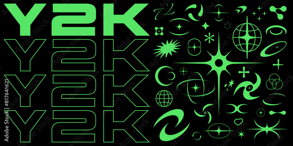 Set of Y2K style shapes. Y2K retro futuristic elements for posters, flyers, banners, clothes, social media, graphic design. 2000s vector abstract shapes, symbols, frames and objects. Y2K aesthetics.