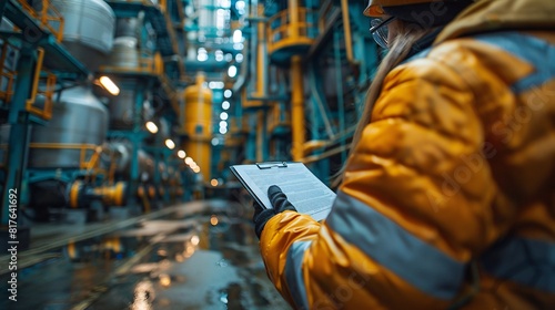 An employee is examining a dangerous substance data sheet in the chemical storage area of a factory, taking safety measures.
