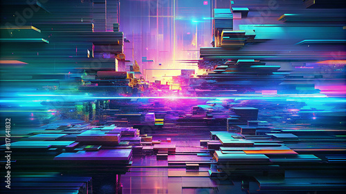 Digital image of a futuristic landscape or circuit board with neon blue, pink and purple hues. photo