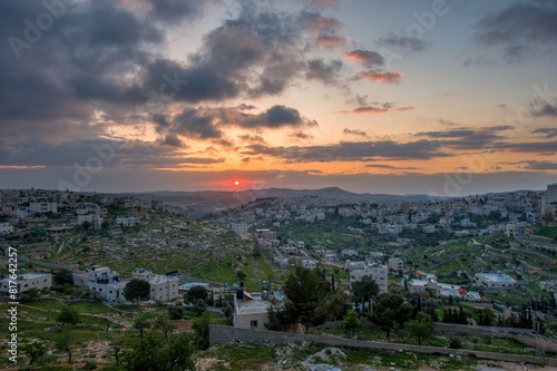 Sunrise in Bethlehem city. Old historical biblical city Bethlehem in palestine region in Israel.