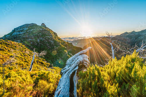 Hiking on the highest peak of Madeira Pico Ruivo next to the cottage Abrigo do Pico Ruivo. Views of the surrounding mountains lanscape during sunny day