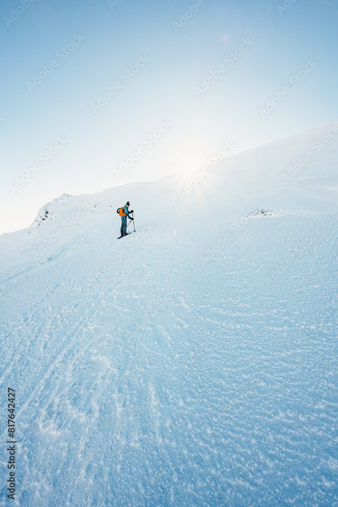 Mountaineer backcountry ski walking ski alpinist in the mountains. Ski touring in alpine landscape with snowy trees. Adventure winter sport. Low Tatras, slovakia