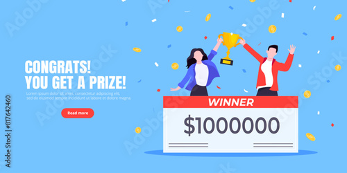 Happy lottery winners with big prize paycheck. Fortune lottery or casino gambling lucky games concept flat style design vector illustration. People jumps in the air with trophy cheque.