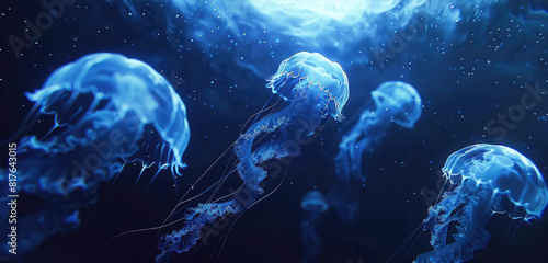 A group of jellyfish are floating in the ocean. The jellyfish are blue and white photo